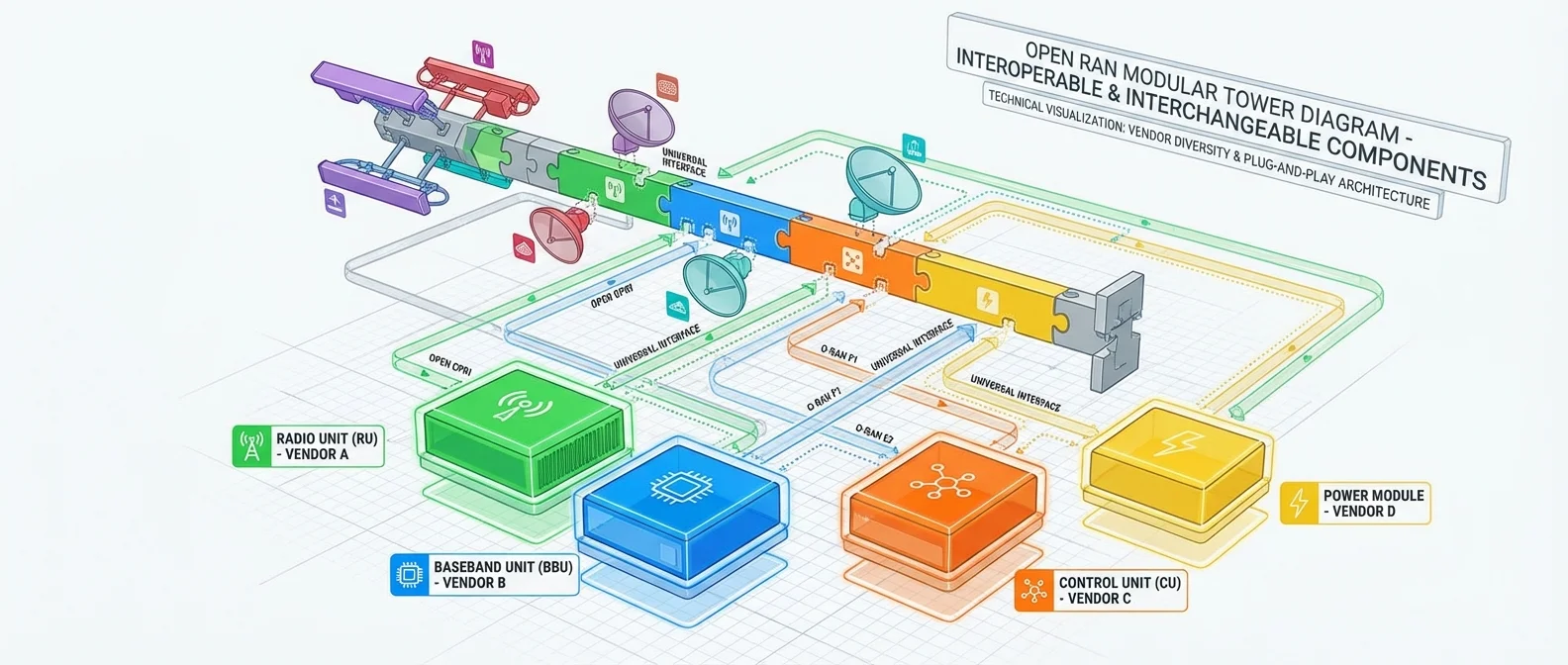 Open RAN architecture diagram showing disaggregated components and open interfaces