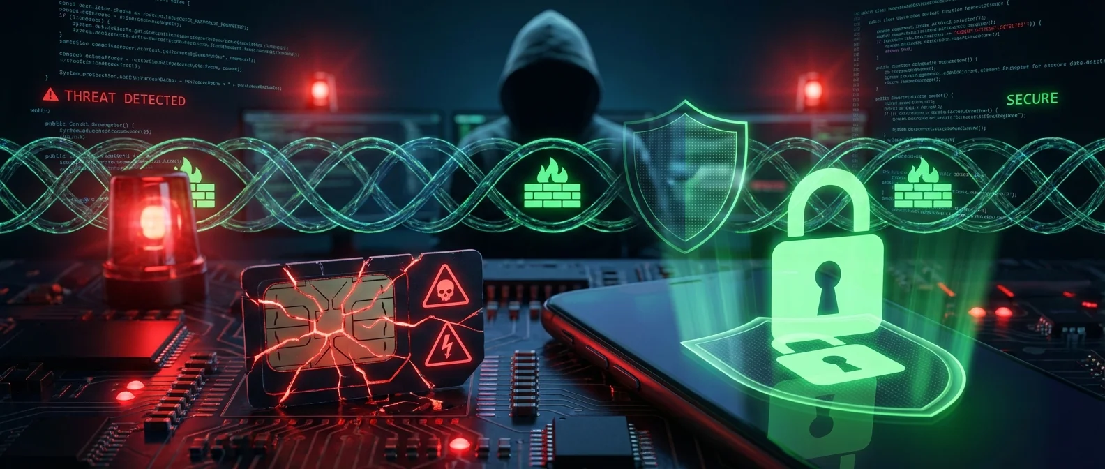 Cybercriminal performing SIM swap attack on smartphone to steal personal data and banking information