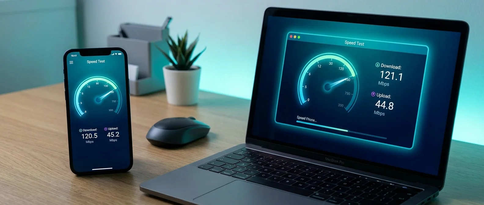 Person running internet speedtest on laptop showing download and upload speeds with multiple testing tools comparison