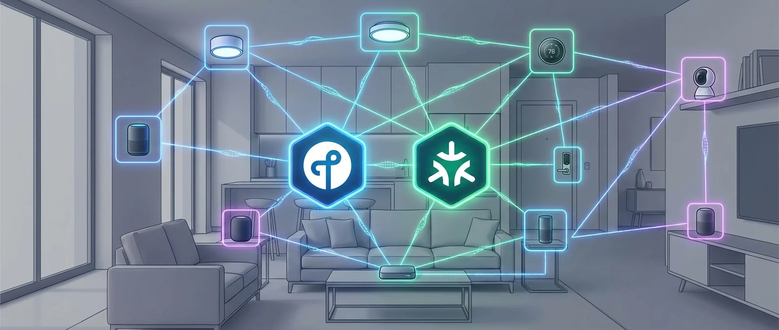 Thread and Matter protocol comparison diagram showing unified smart home ecosystem