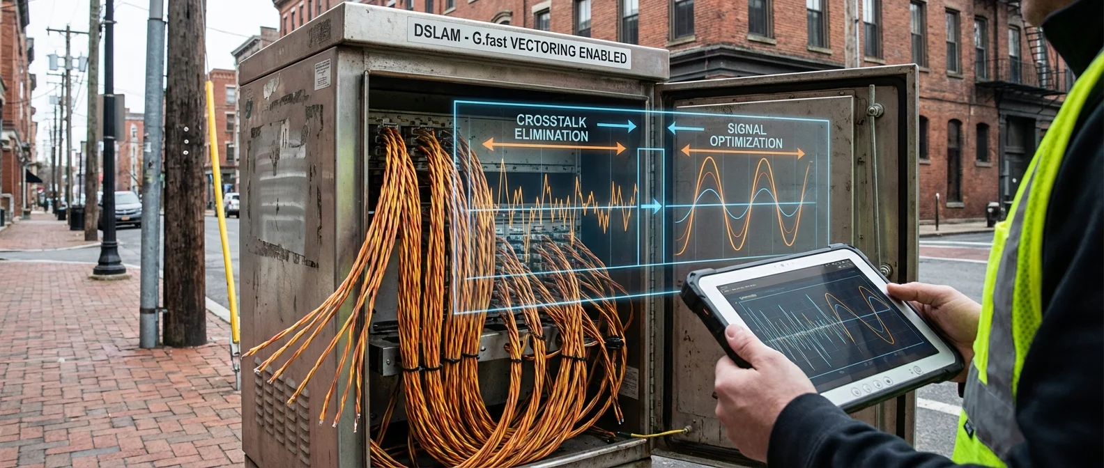 Vectoring and G.fast technology diagram showing copper line optimization and crosstalk cancellation