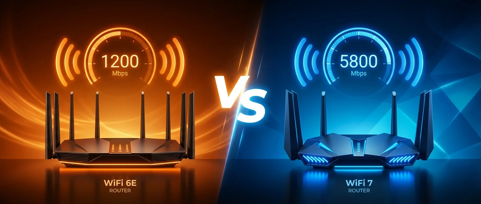 Side-by-side comparison chart showing WiFi 7 and WiFi 6E specifications, speeds, and key features