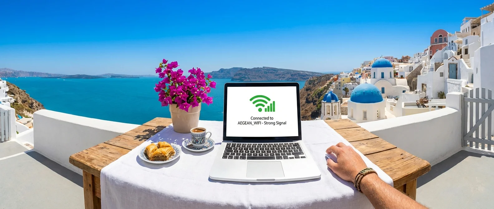 WiFi coverage map showing 4G/5G connectivity across major Greek islands including Santorini, Mykonos, and Crete