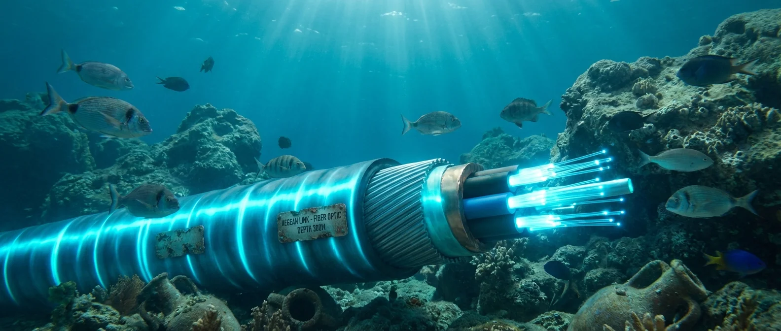 Map showing Greece's extensive submarine cable network connecting Mediterranean islands and mainland Europe