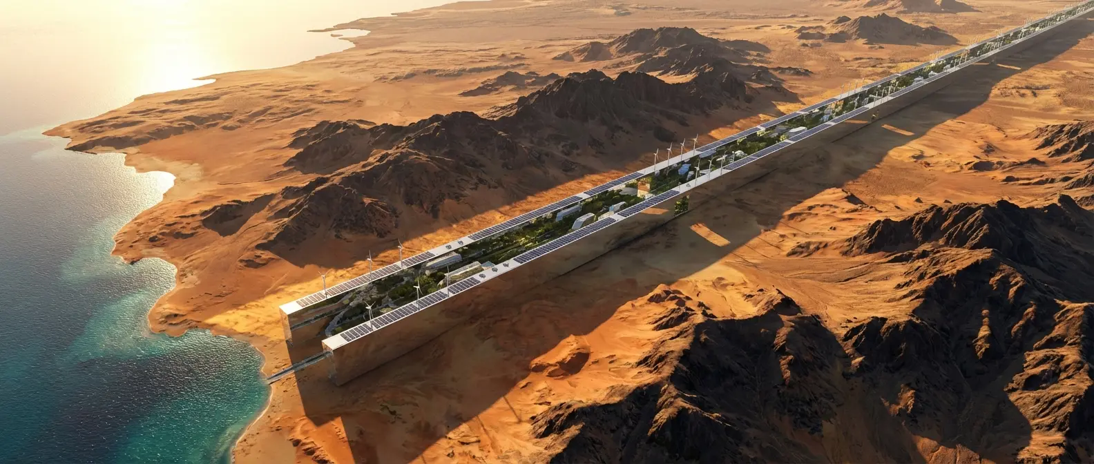 The Line construction site - Aerial view of massive excavation and building operations in progress