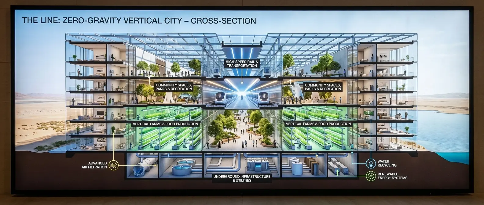 The Line interior concept - Futuristic residential levels with vertical gardens and modern architecture