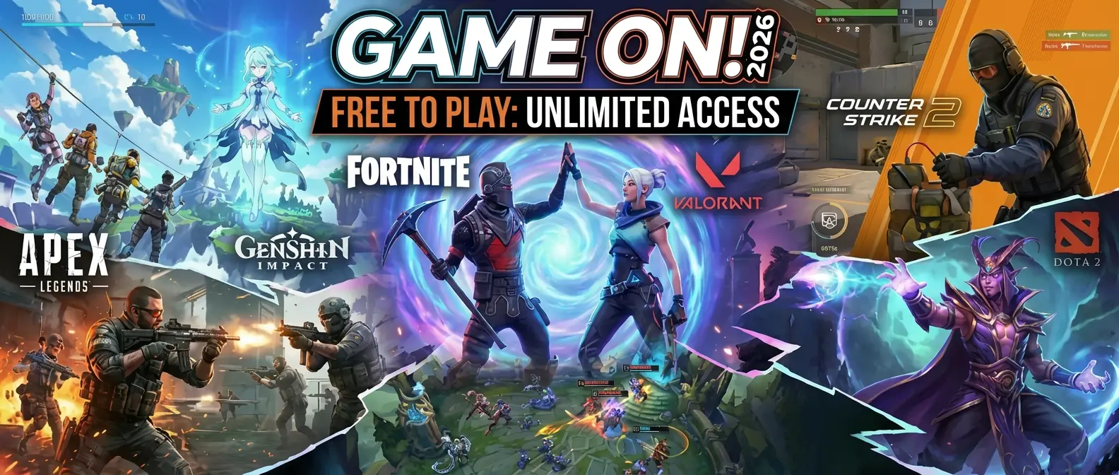 Top 20 free-to-play games collection featuring battle royale and RPG titles in 2026