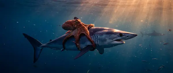 Octopus Rides Mako Shark: The Ocean