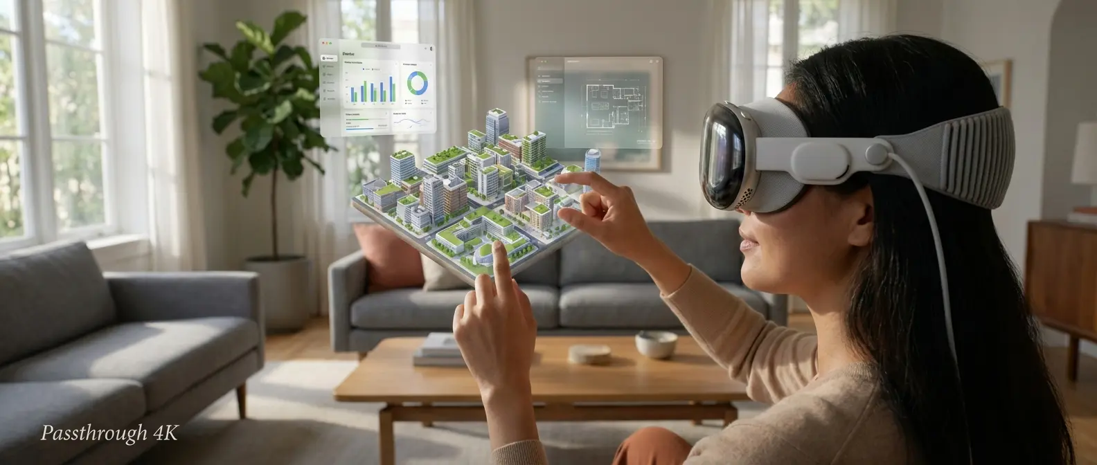 Vision Pro passthrough technology displaying mixed reality holographic interface