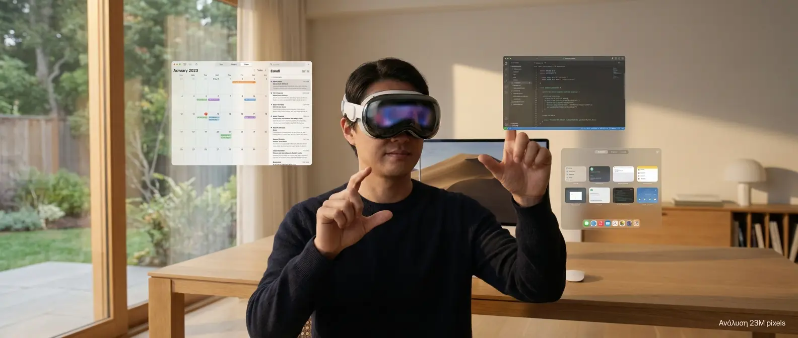 Apple Vision Pro productivity setup with multiple floating windows in office environment