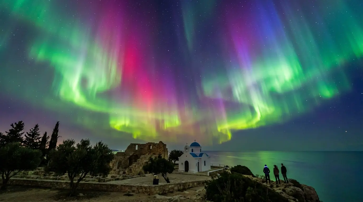 Spectacular northern lights aurora borealis illuminating the night sky across southern Europe