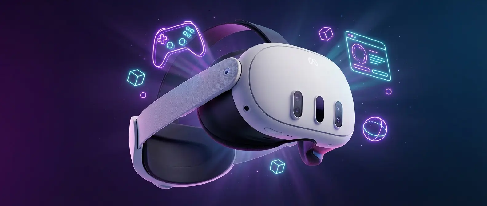 Meta Quest 3 wireless VR headset with controllers on white background