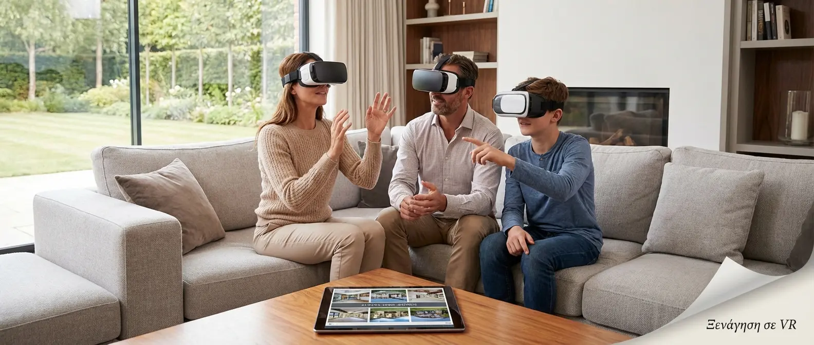 Family experiencing virtual reality property tour from their living room