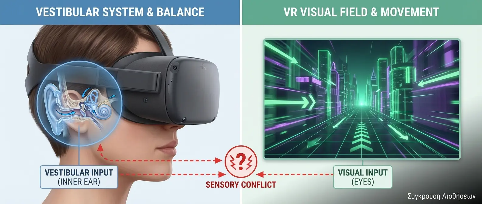 Diagram showing vestibular system conflict causing VR sickness