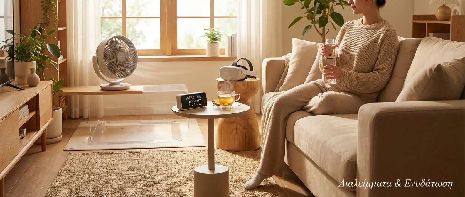 VR user taking break with water bottle following comfort guidelines