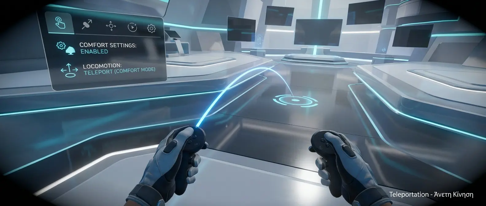 VR teleportation movement with comfort vignette to reduce nausea