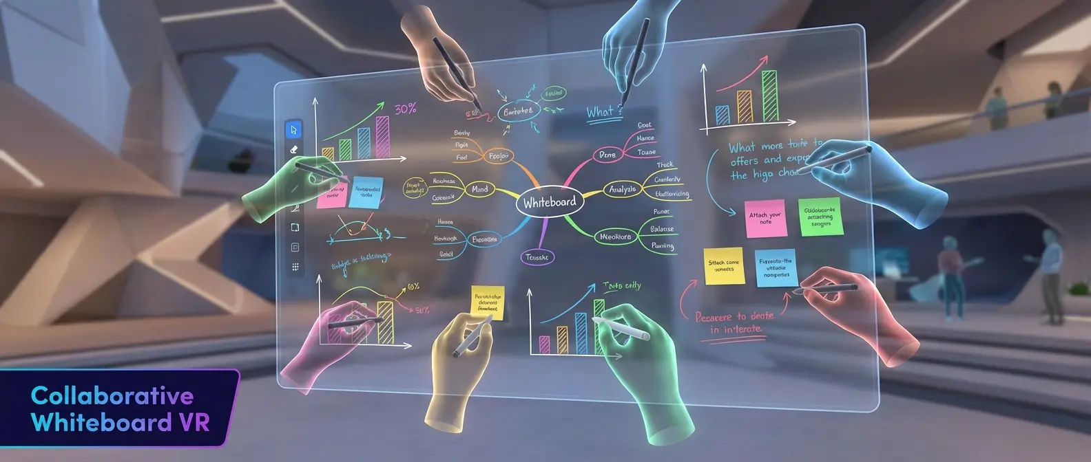 Interactive 3D whiteboard session with team avatars brainstorming and collaborating virtually