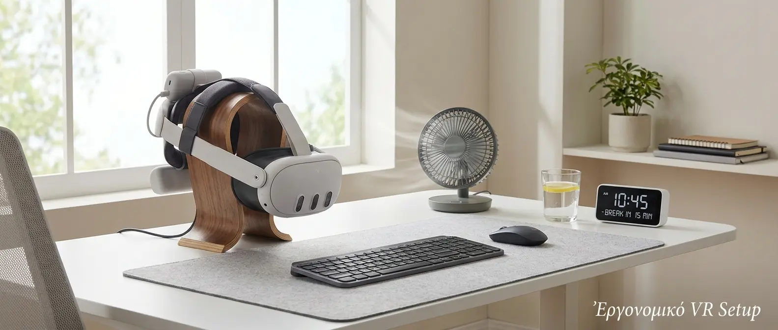 Ergonomic VR workstation setup with comfortable chair and proper lighting for extended use