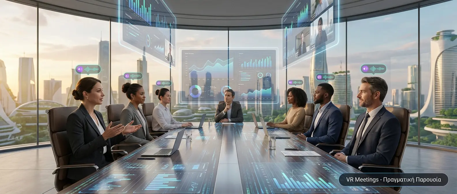 Team of avatars conducting business meeting in virtual boardroom with interactive displays