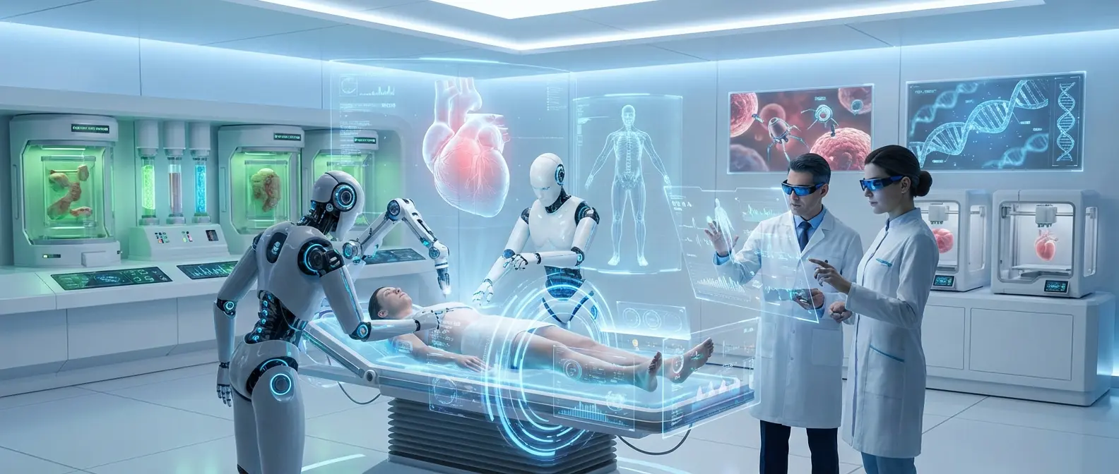 Futuristic surgical bed from 2225 with holographic displays and robotic arms