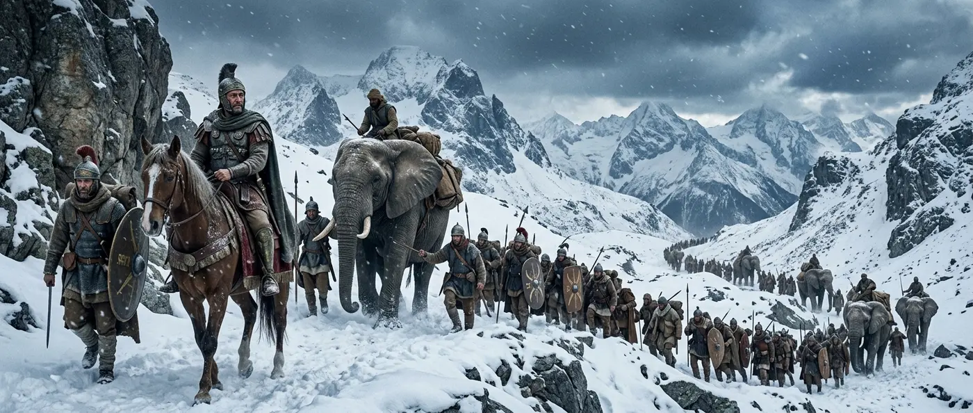 Hannibal's war elephants crossing the Alps with Carthaginian army through treacherous mountain passes
