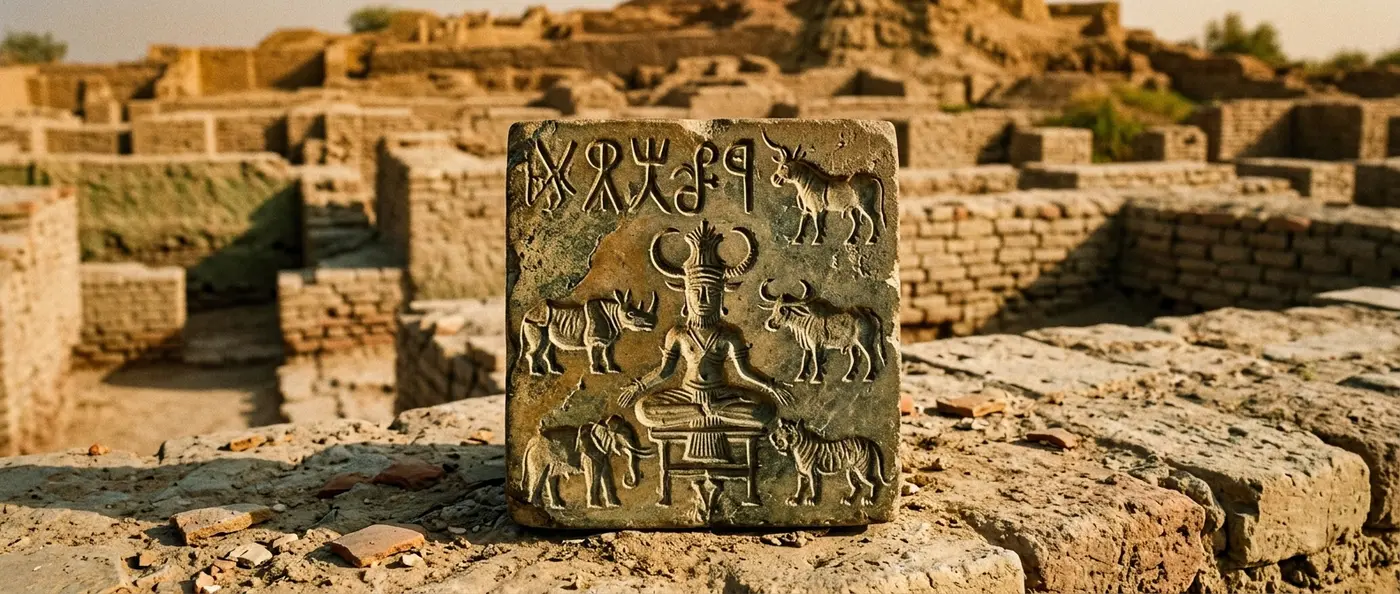 Ancient Indus Valley script symbols carved on stone seals awaiting decipherment by artificial intelligence