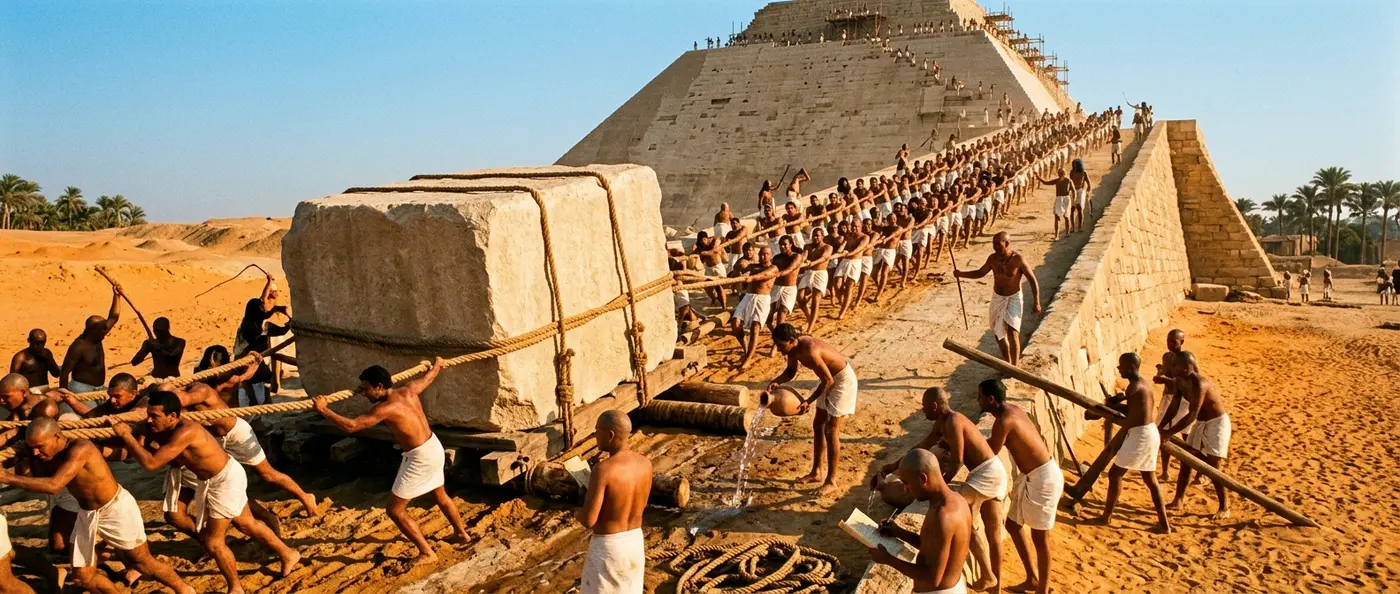 Ancient Egyptian stone transport techniques showing workers moving massive blocks