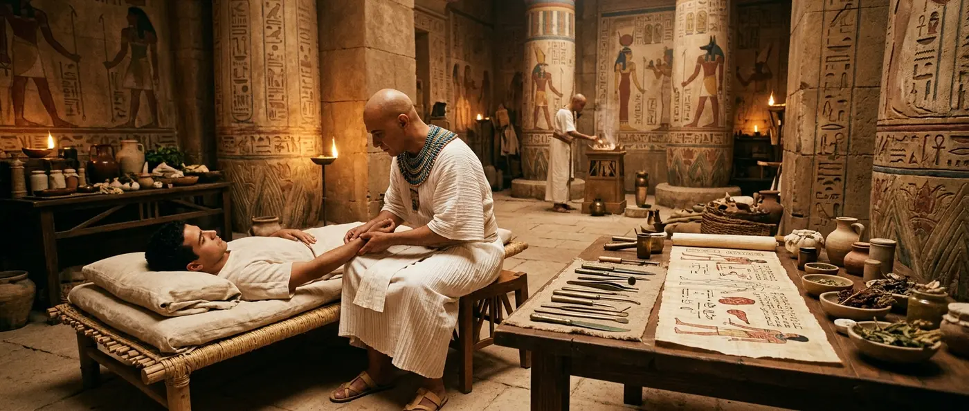 Ancient Egyptian surgical instruments and medical papyrus showing advanced medical techniques from 4,000 years ago