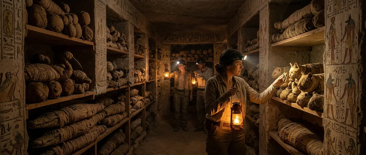 Ancient Egyptian mummified animals including crocodiles, ibises, and cats in sacred burial chambers