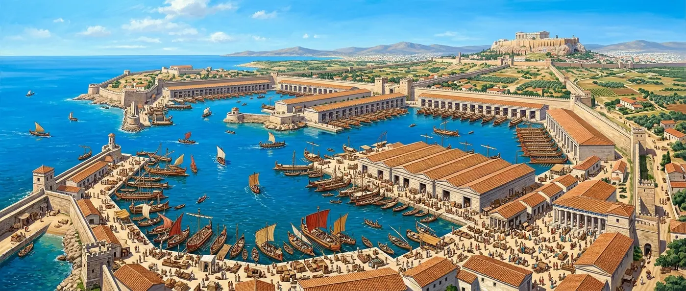 Ancient Piraeus harbor with triremes and merchant ships bustling with maritime activity