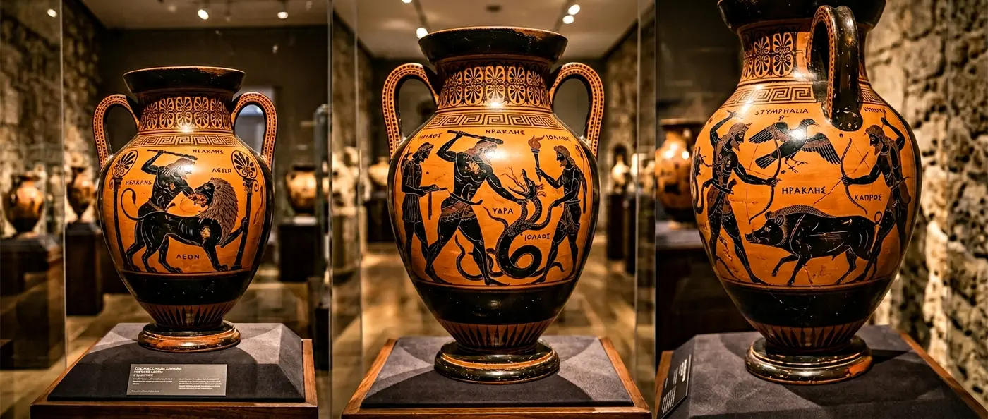 Ancient Greek pottery displaying intricate red-figure and black-figure techniques with mythological scenes