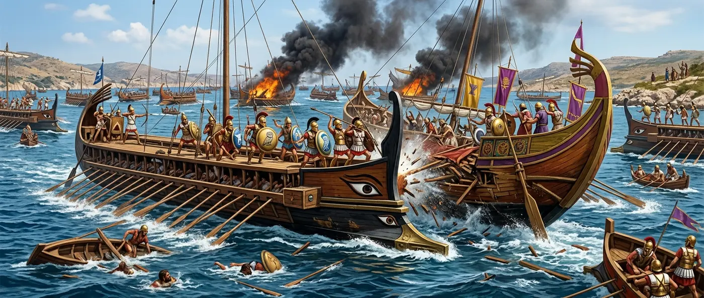 Ancient Greek trireme warships clashing in the Battle of Salamis naval warfare