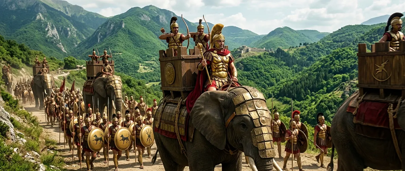 Ancient Epirus mountain fortress with Molossian warriors overlooking the Mediterranean landscape