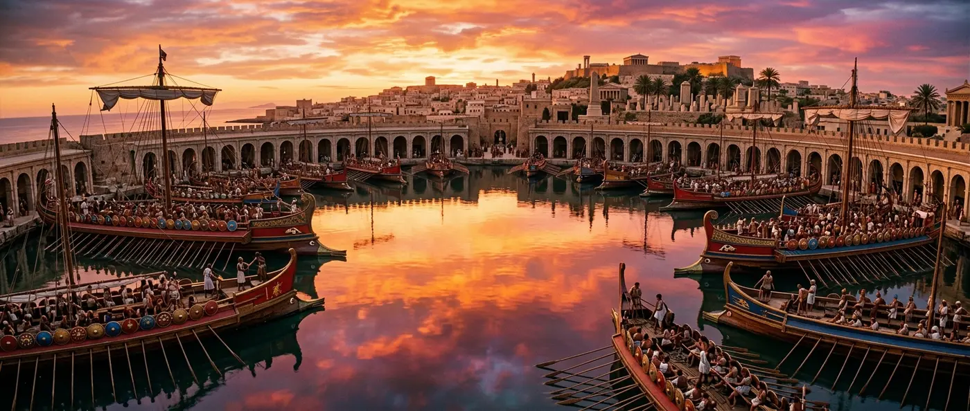 Ancient Carthaginian war elephants and naval fleet dominating the Mediterranean