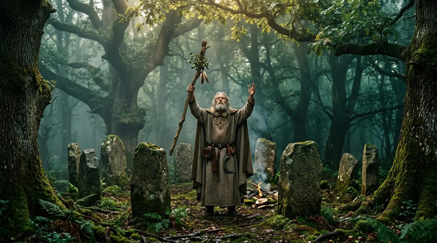 Ancient Celtic Druids performing ritual ceremonies in sacred oak groves with mistletoe and ceremonial tools