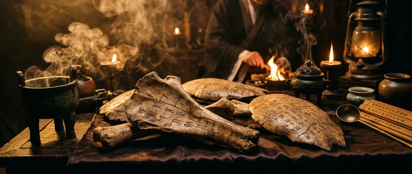 Oracle bones with ancient Chinese characters carved into turtle shells and ox scapulae