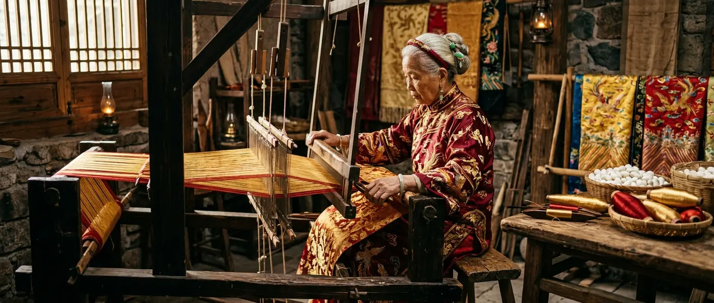 Ancient Chinese silk production showing silkworms and traditional weaving techniques that revolutionized global trade