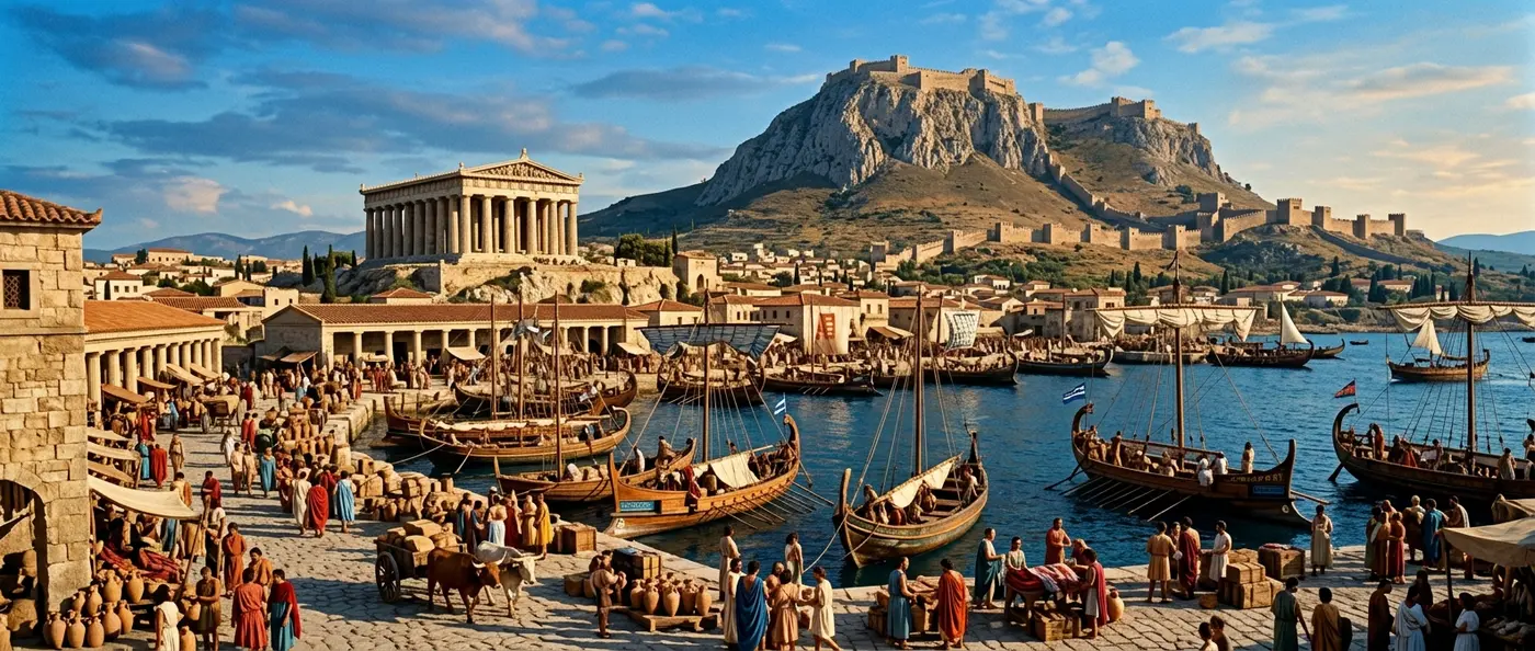 Ancient Corinth ruins overlooking the strategic isthmus that controlled Mediterranean trade routes