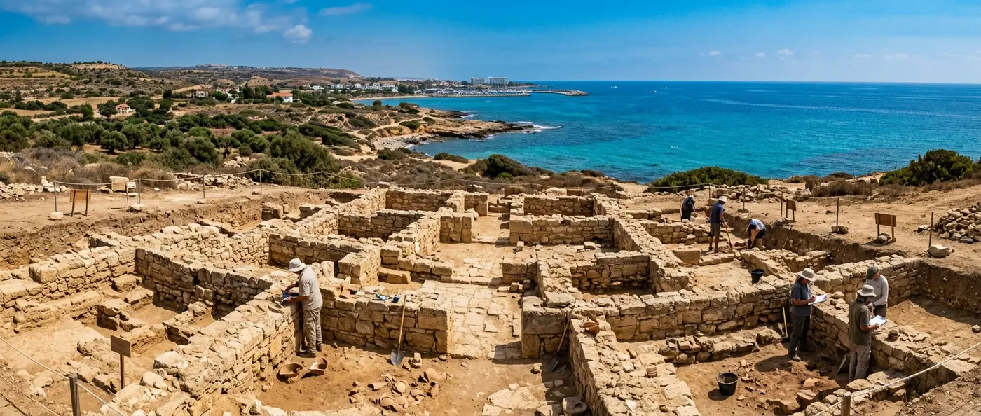Ancient Paphos archaeological site showing 11,000-year-old stone structures and foundations