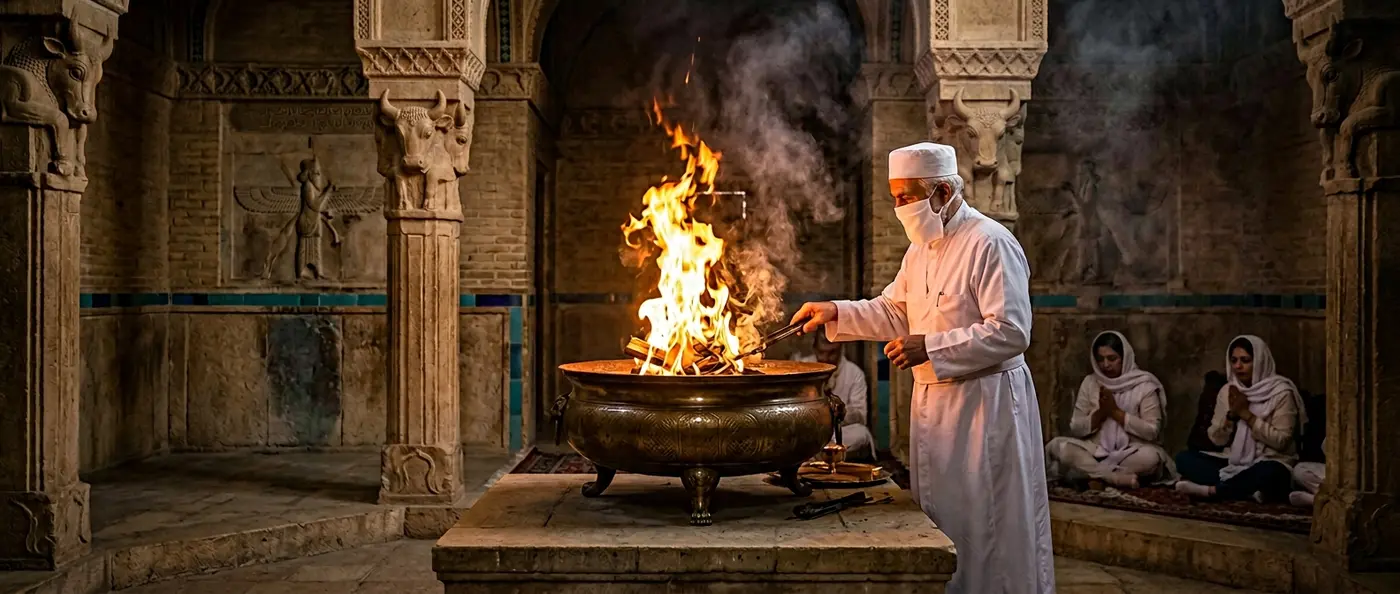 Ancient Zoroastrian fire temple with eternal flame burning, representing the world's first monotheistic religion