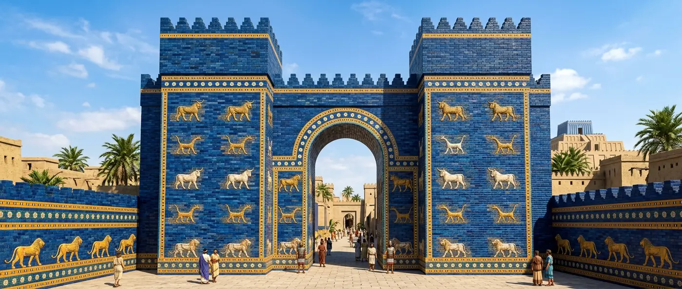 Blue-glazed dragons and bulls adorning the ancient Ishtar Gate of Babylon