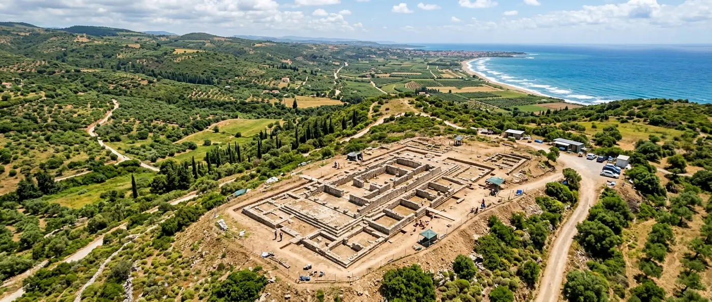 Archaeological excavation site at Kleidi-Samiko showing ancient temple foundations and artifacts from 6th-century BC Poseidon sanctuary