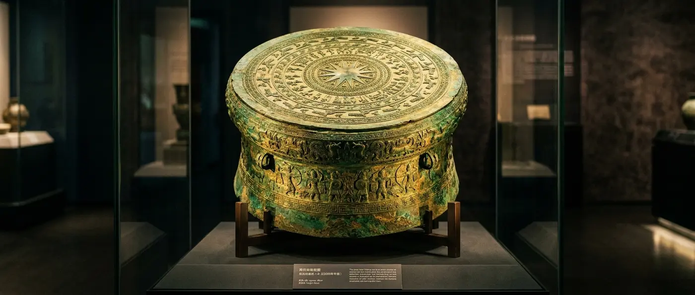 Ancient 2,000-year-old bronze drum discovered in China showing intricate Dongson-style decorative patterns