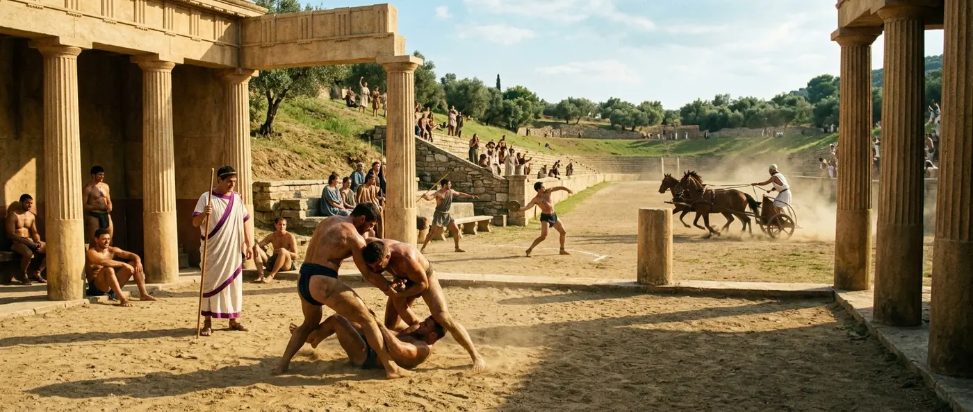 Ancient Greek athletes competing in violent pankration combat sport at Olympic Games