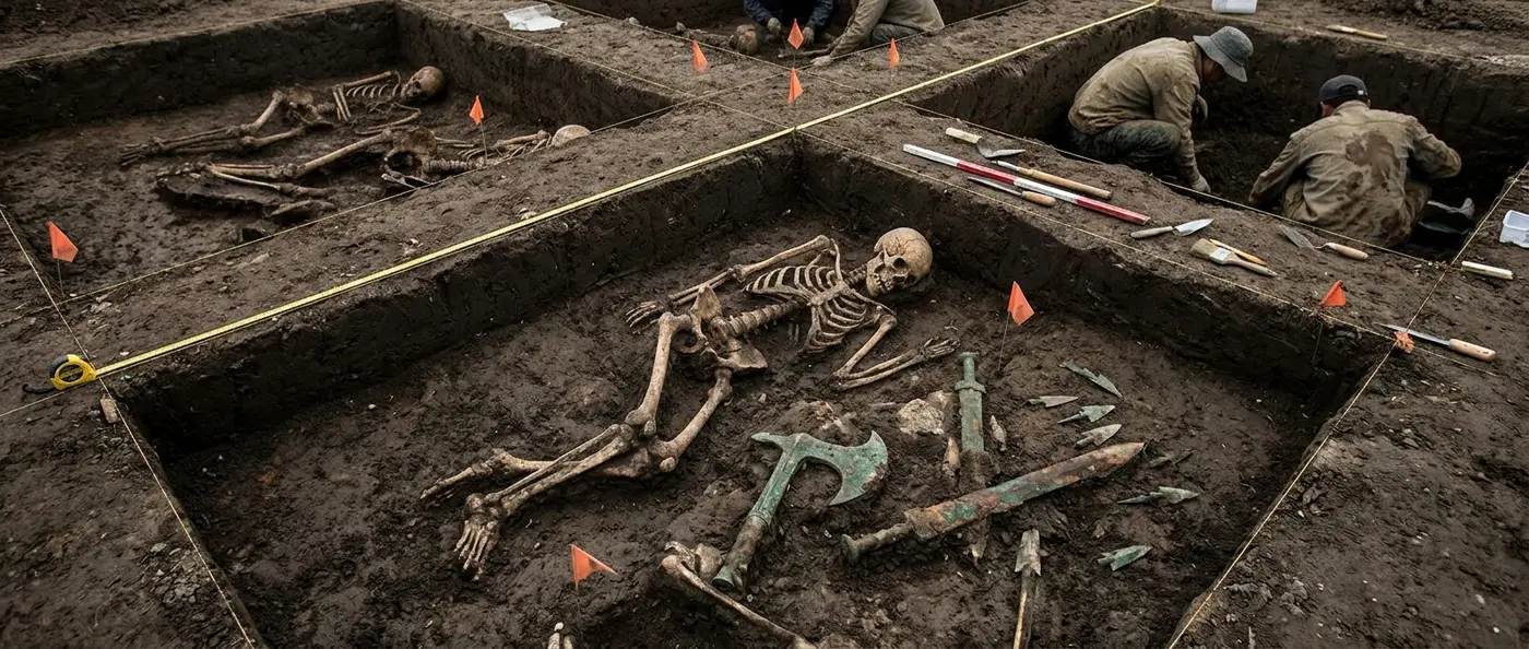 Ancient Chinese fortress ruins with archaeological excavation revealing human skulls and jade artifacts