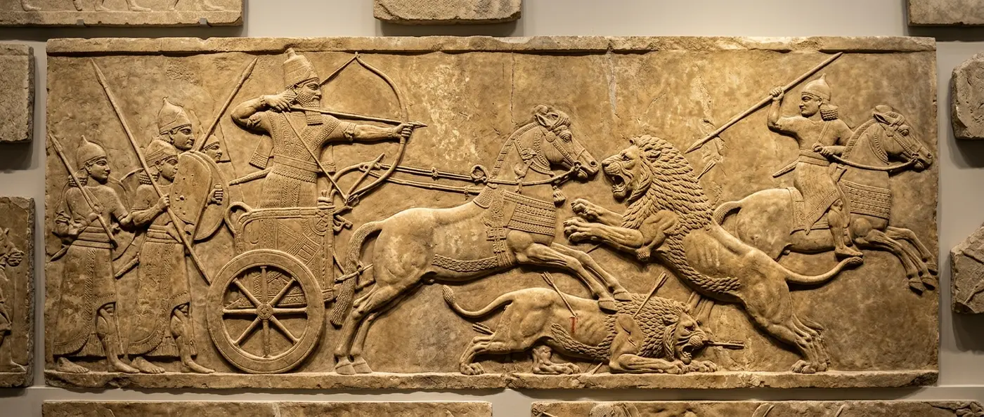 Assyrian stone reliefs at the British Museum depicting war scenes and royal lion hunts from ancient Assyria