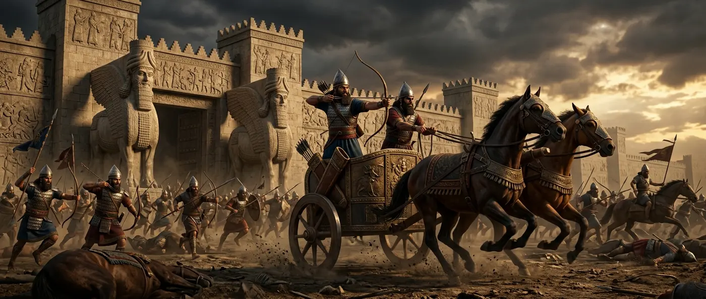 Ancient Assyrian warriors and siege warfare depicting the empire's military might