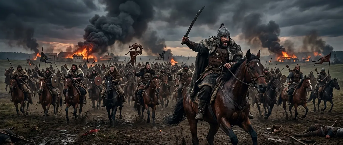 Attila the Hun leading his fierce Hun warriors into battle against the Roman Empire
