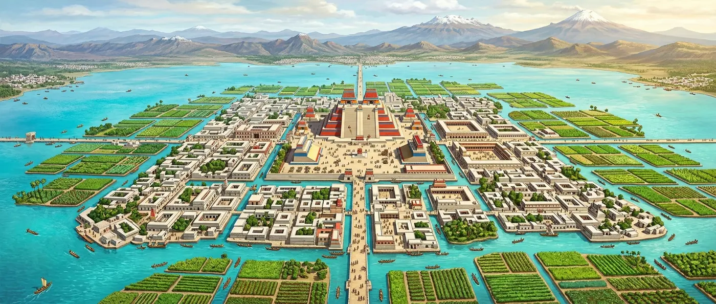 Aerial view of Tenochtitlan floating city with canals and chinampas gardens on Lake Texcoco
