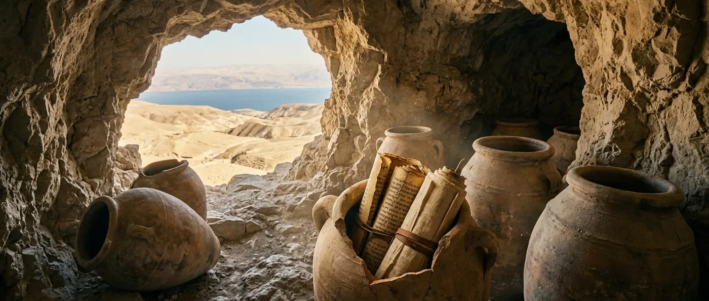 Ancient Dead Sea Scrolls in clay jars, discovered in the Qumran caves in 1947